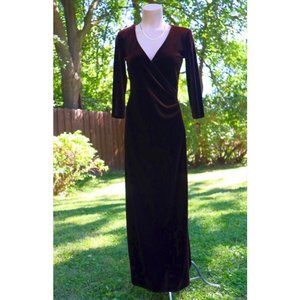 Brown VELVET Long Maxi DRESS ¾ Sleeves Stretch Chocolate V-Neck Plunge Faux Wrap